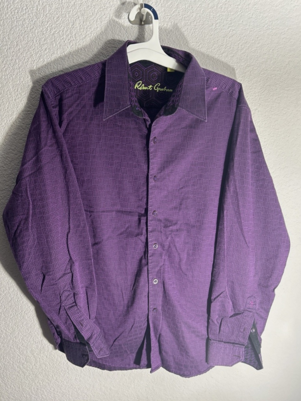 Robert Graham Shirt Men Large Purple Black Geometric Flip Cuff Classic Fit